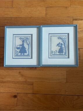 Blue Framed Cross-Stitch Silhouette Wall Art Pair - Unbranded